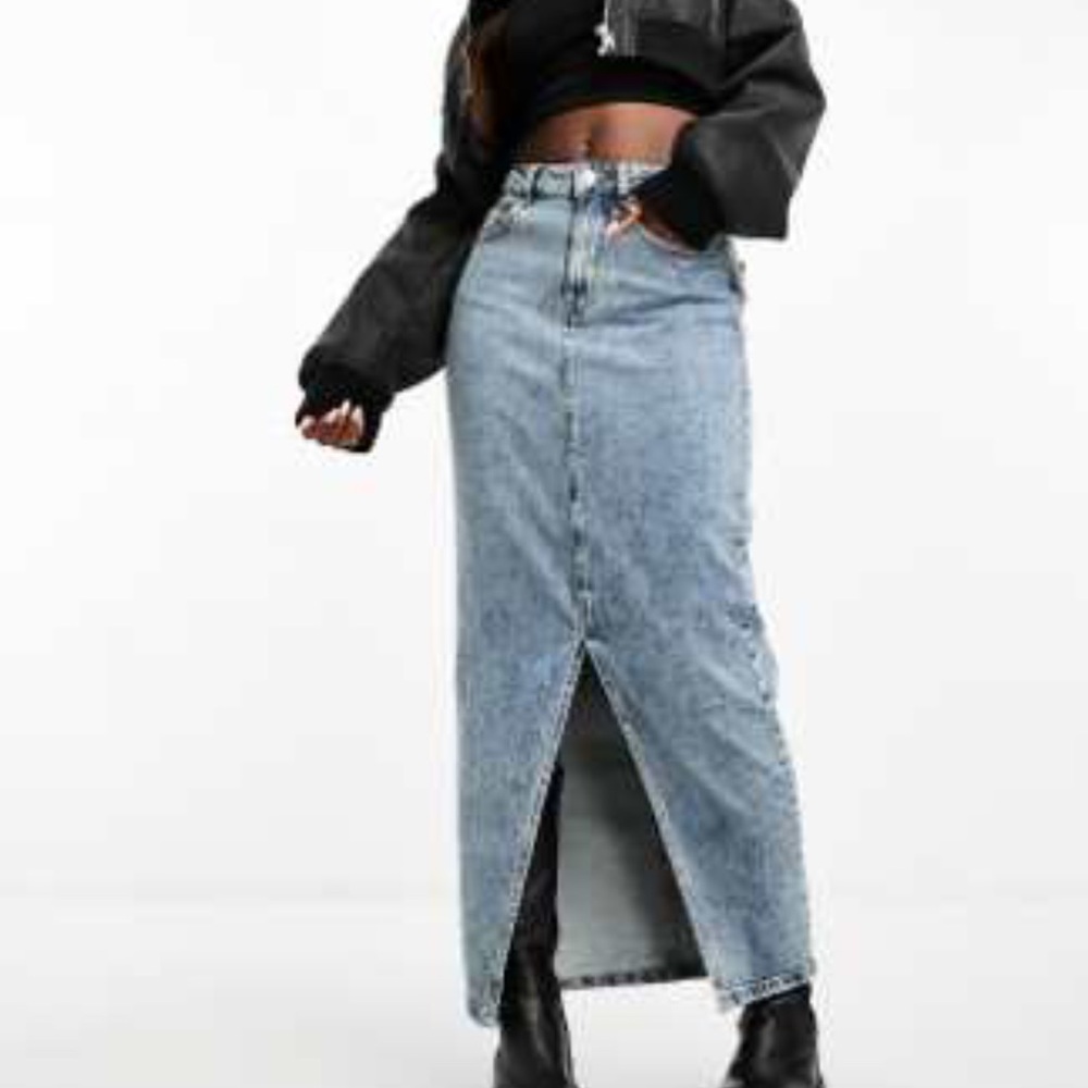 ASOS Hourglass Women's Light Blue Denim Midi Skirt with Split Hem Size 14